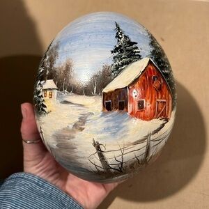Ostrich egg painted with winter scenery by Kathy Roddy